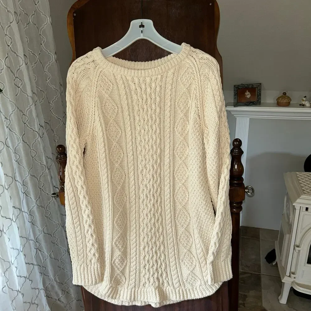 LL Bean Signature Cable Kit Fisherman Tunic Sweater Size Medium - Cream Crewneck